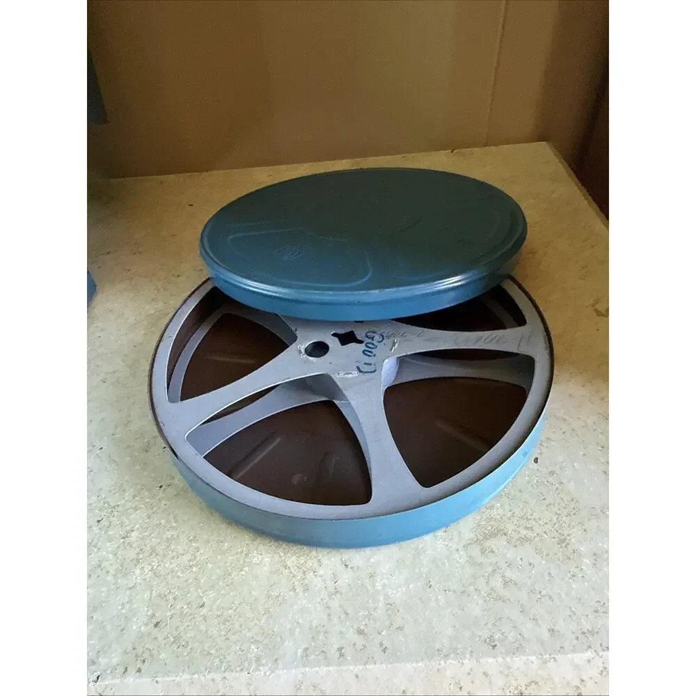 Vintage Compco Film Carrying Case with Reels and Tins Blue & Gold 7.875x7.5x4.4”